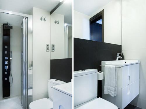 two pictures of a bathroom with a toilet and a shower at Barcelona Fifteen central Aparthotel in Barcelona