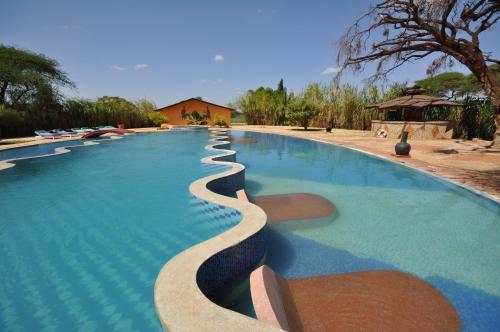 a large swimming pool with blue water at Kilima Safari Camp in Amboseli
