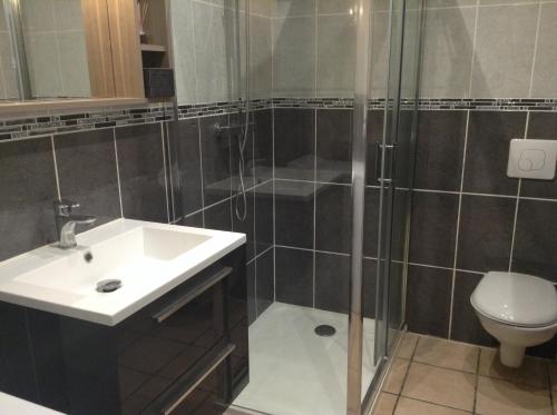 CreysseにあるGite Zoéのバスルーム(シャワー、洗面台、トイレ付)