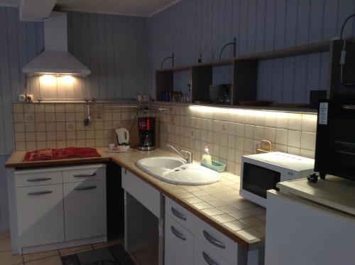 une cuisine avec un évier et un micro-ondes dans l'établissement Gite Zoé, à Creysse