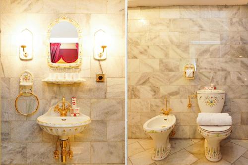 two pictures of a bathroom with a sink and a toilet at New Grand Park Hotel in Surabaya