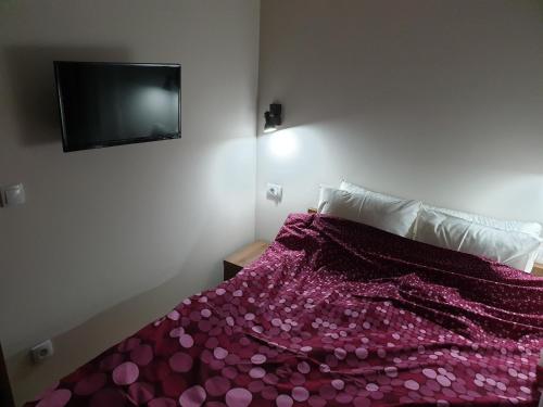 sypialnia z łóżkiem z fioletowym kocem w obiekcie Bear's Eye View w mieście Zlatibor