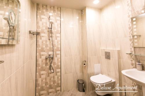 a bathroom with a shower and a toilet and a sink at Apartment Cathedral Deluxe in Varna City