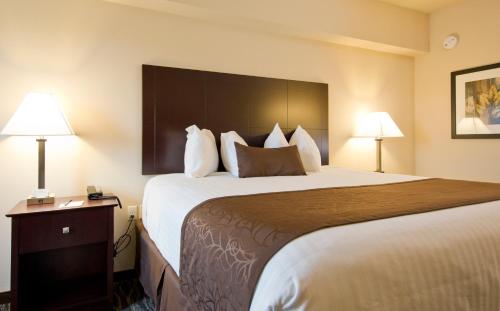 a hotel room with a large bed with two lamps at Cobblestone Inn & Suites - Boone in Boone