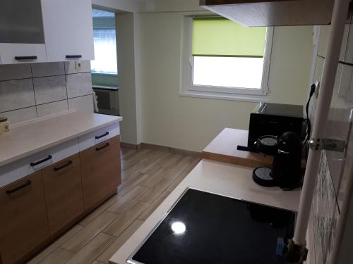 a kitchen with a sink in the middle of a room at Csóka Apartman Pápa in Pápa