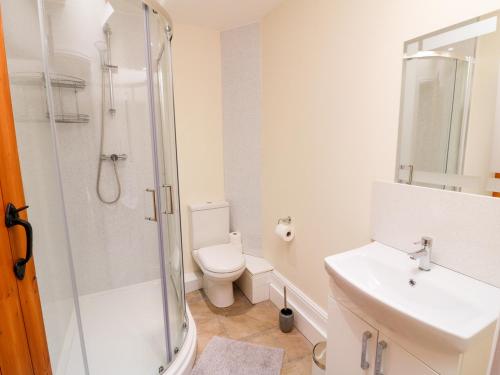 uma casa de banho com um chuveiro, um WC e um lavatório. em The Stables em Parwich