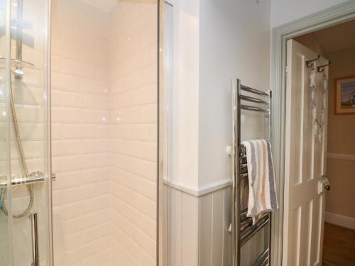 une douche avec une porte vitrée dans une salle de bain dans l'établissement Newden Cottage, à Whitstable
