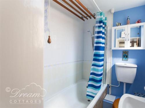 a blue and white bathroom with a shower and a toilet at Driftwood in Weymouth