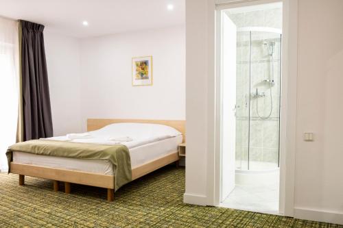 a bedroom with a bed and a walk in shower at Vila Turistica Casa Gabriela in Bucharest