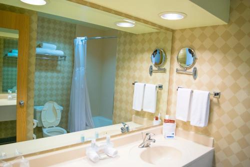 La salle de bains est pourvue d'un lavabo, d'un miroir et de toilettes. dans l'établissement Holiday Inn Express Guanajuato, an IHG Hotel, à Guanajuato