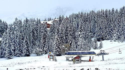 a ski lift with a bunch of snow covered trees at Le p'tit Cozy in Le Dévoluy