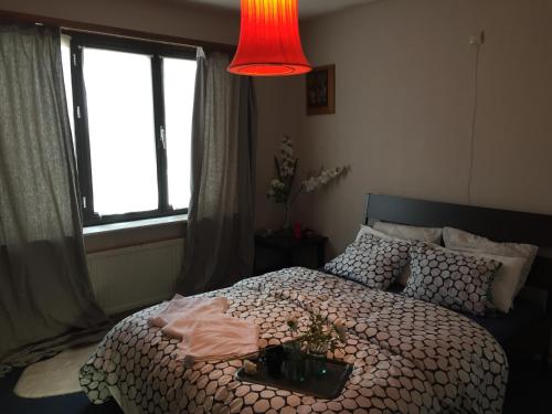 a bedroom with a bed and a red light at Airport Residence in Zaventem