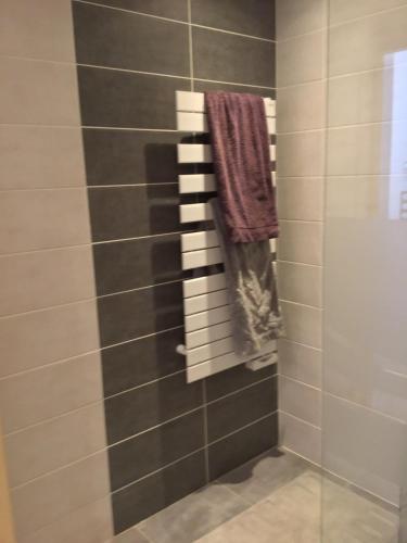 a shower with a towel hanging on a wall at Chalet Chez Maxime Hameau l’Archaz Valloire in Valloire