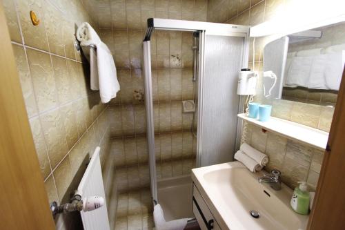 a bathroom with a shower and a sink and a mirror at Ferienwohnungen Fiala-Köfer in Pörtschach am Wörthersee