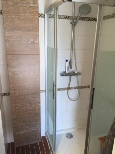une douche avec une porte vitrée dans une salle de bain dans l'établissement Marines de Cogolin, à Cogolin