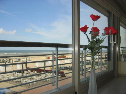 a vase of flowers on a window with a view of the beach at Residentie Albert-1, app.202, Zeelaan 214 in De Panne