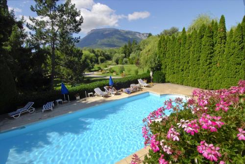 a swimming pool with a view of a mountain at Hôtel & Restaurant Azur in La Freissinouse