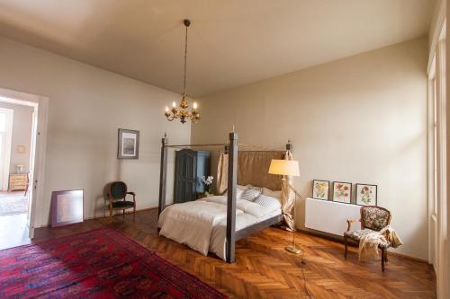 クルジュ・ナポカにあるCamino Homeのベッドルーム(天蓋付きベッド、シャンデリア付)