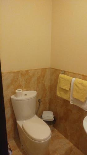 a bathroom with a toilet and a sink and towels at Seven Eleven Most City Hotel&SKYTECH in Dnipro