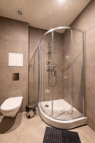 a bathroom with a shower and a toilet at Liepaja Apartments in Liepāja