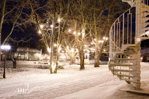 a snow covered park at night with trees and lights at Vaihmalan Hovi in Lempäälä