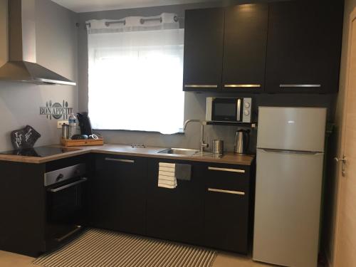 a kitchen with black cabinets and a white refrigerator at Rentalis Flat in Liège