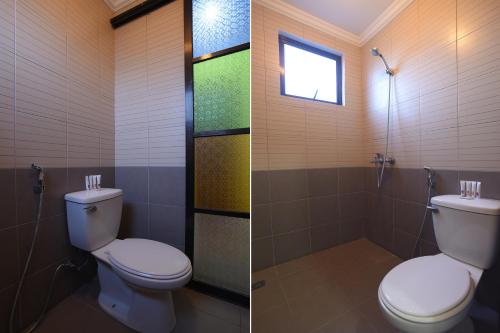 two pictures of a bathroom with a toilet and a window at RedDoorz Plus at Balai Sofia Bed & Breakfast Batangas in Talisay