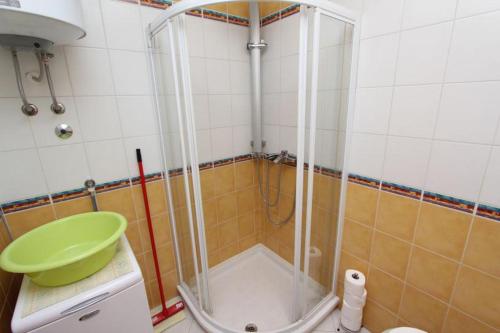 ein Bad mit einer Dusche und einer grünen Schüssel in der Unterkunft Apartment Alen in Rovinj
