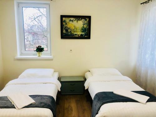 3 łóżka w pokoju z oknem w obiekcie Pokoje Goscinne ATENA w mieście Gubin