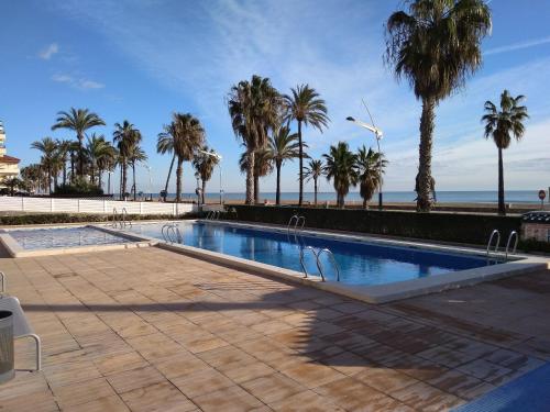 una piscina junto a una playa con palmeras en Apartamentos Deluxe Playa Norte, en Peñíscola