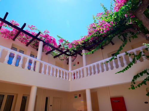 a building with pink flowers on a balcony at Elotis Suites in Agia Marina Nea Kydonias