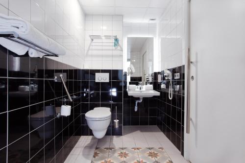 La salle de bains est pourvue de toilettes et d'un lavabo. dans l'établissement Hotel Albert 1er, à Toulouse