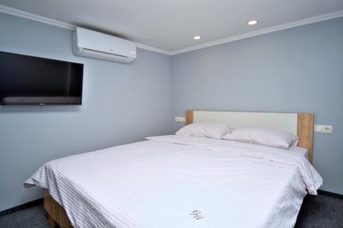 a bedroom with a bed and a flat screen tv at Grand Apartments in Kyiv
