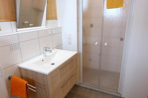 a bathroom with a sink and a shower at Hildegard Naturhaus in Kirchberg bei Mattighofen