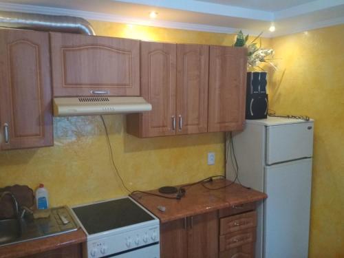 ボロフタにあるНезабутні Карпатиのキッチン(木製キャビネット、白い冷蔵庫付)