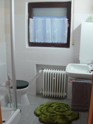 a bathroom with a green rug on the floor at Haus am Wald in Hillscheid