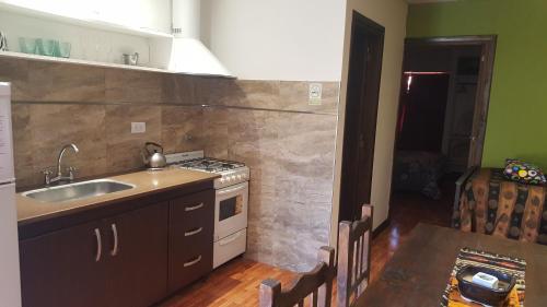 een keuken met een spoelbak en een fornuis bovenste oven bij Apartamentos Esquiu in Mar del Plata