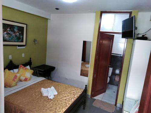 een slaapkamer met een bed en een televisie en een spiegel bij Hotel Plaza Bolognesi 344 in Trujillo