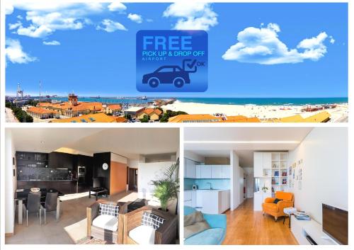 a collage of three pictures of a kitchen and a living room at João Beach House in Leça da Palmeira