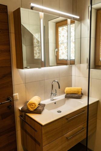 a bathroom with a sink and a mirror at Biobauernhof Gast in Mariapfarr