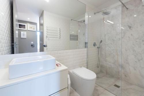 a bathroom with a shower and a toilet and a sink at Bom-Jardim Trindade in Porto