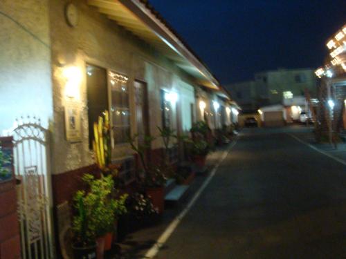 an empty street at night with a building and plants at American Inn in South El Monte
