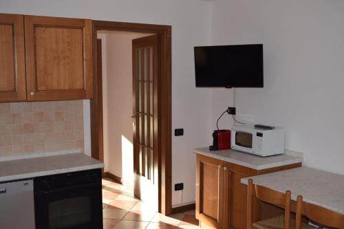 a kitchen with a tv and a counter with a microwave at Dolomiti Apart in Balbido-rango