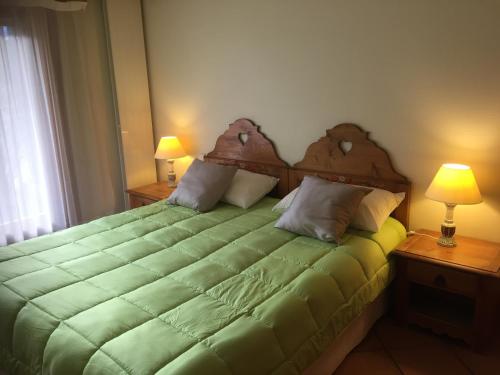 シャモニー・モンブランにあるFront Ski Slope Chamonix Apartmentのベッドルーム1室(緑色の大型ベッド1台、ランプ2つ付)