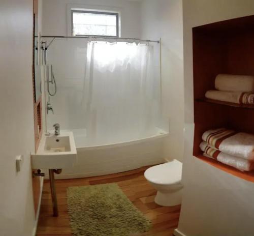 La salle de bains est pourvue d'une douche, de toilettes et d'un lavabo. dans l'établissement The Old Federal Coffee Palace, à Launceston