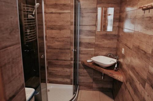 La salle de bains est pourvue d'une douche et d'un lavabo. dans l'établissement Zajazd Tatrzanski, à Kościelisko