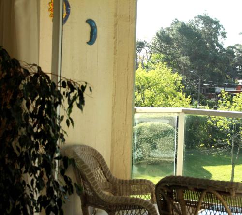 un porche con sillas, una ventana y una planta en Apartamento en Punta del Este Playa Mansa, en Punta del Este