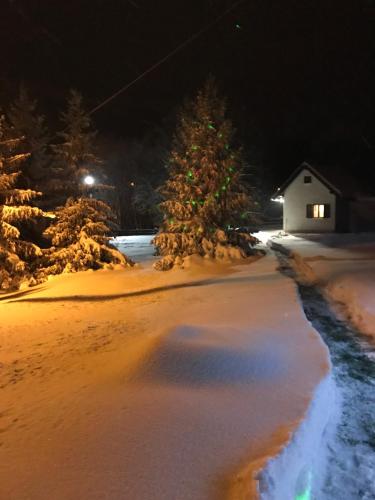 a house with a christmas tree in the snow at Pansion Danica in Rastovača