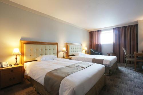 大邱的住宿－大邱AW酒店，酒店客房设有两张床和窗户。