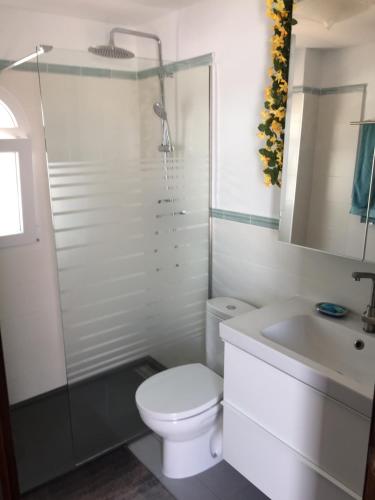 een badkamer met een toilet, een wastafel en een douche bij Marina Dor II in Cala d´Or